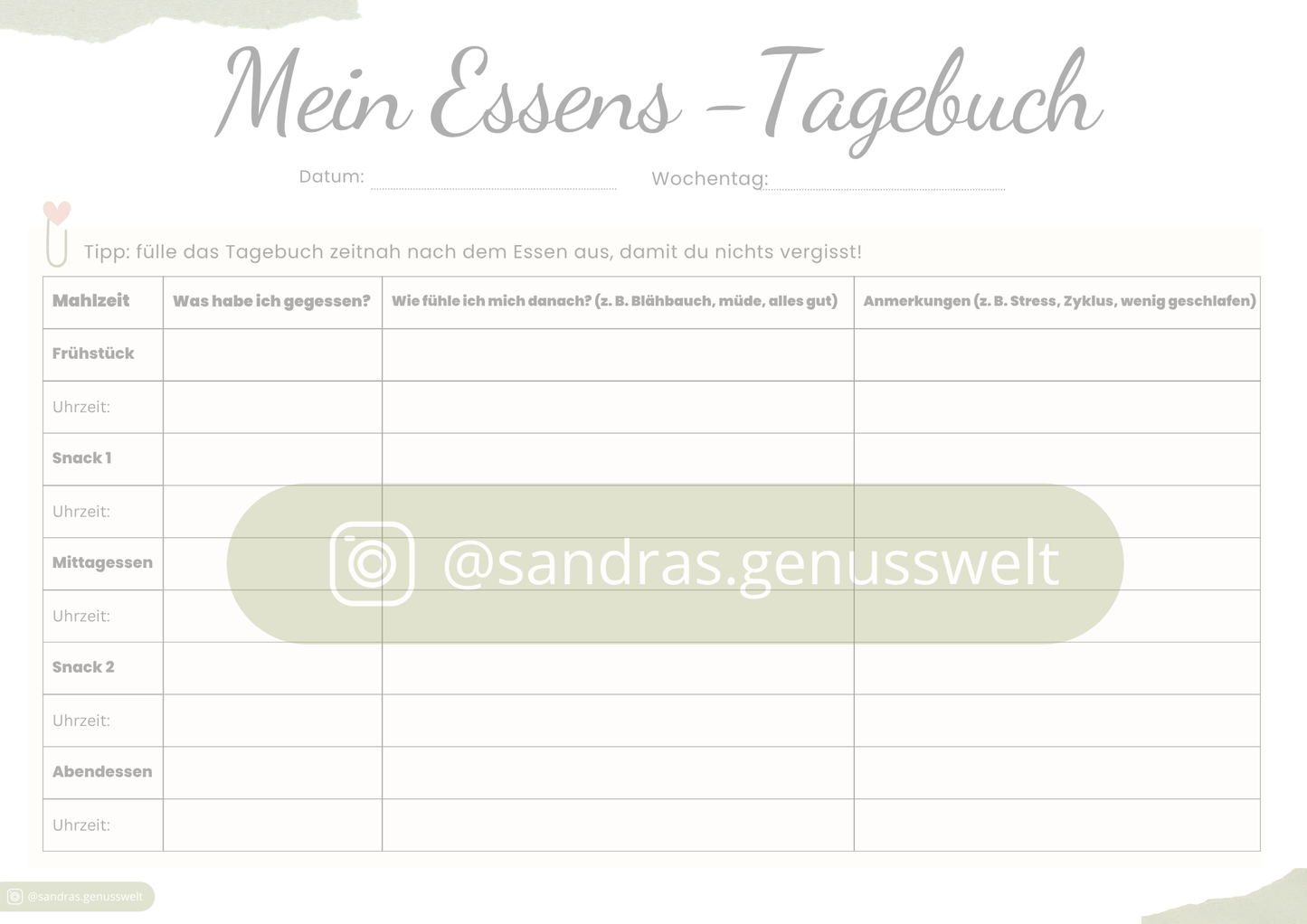 Mein Essens-Tagebuch – PDF-Vorlage zum Ausdrucken